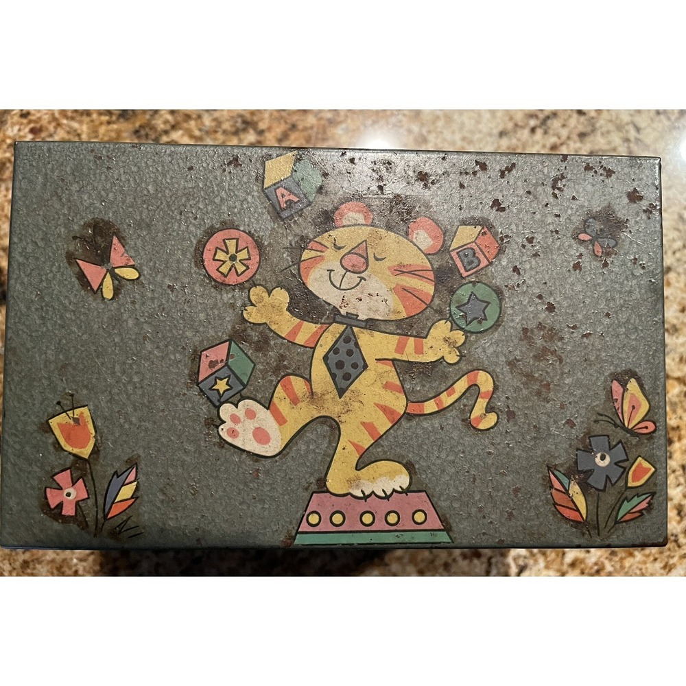 Vintage Metal Storage Tin/Box Tiger And Friends Sturdy Solid Construction 1950's